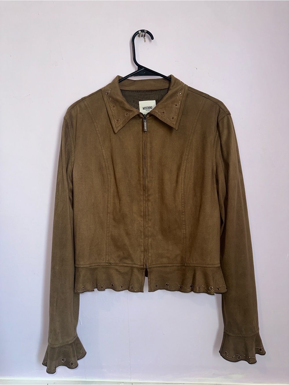 Moschino Brown Suede Leather Jacket Scalloped Studded Women’s 14 Vintage